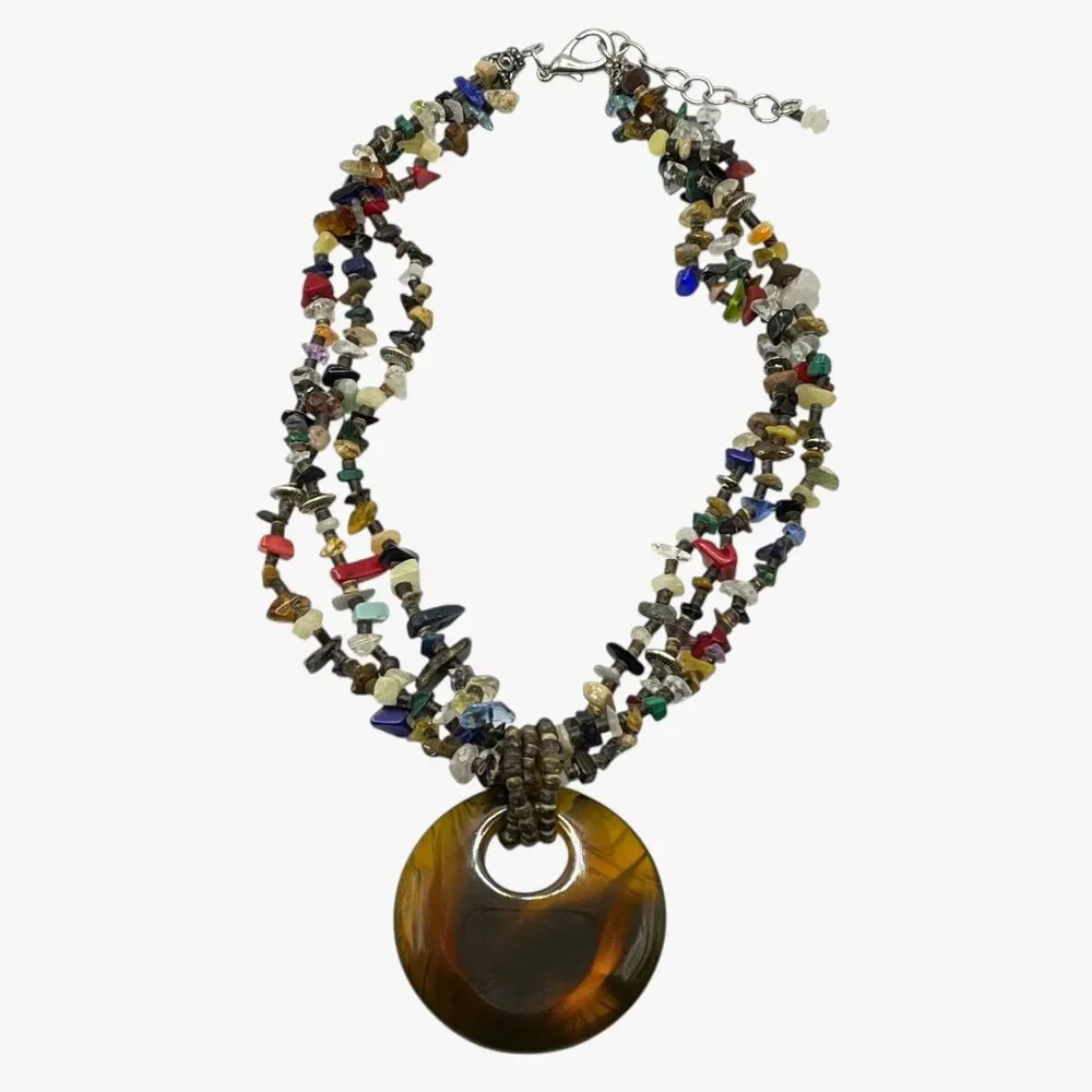 Boho Multi Gemstone Necklace Chunky Resin Pendant Layered Nugget Statement